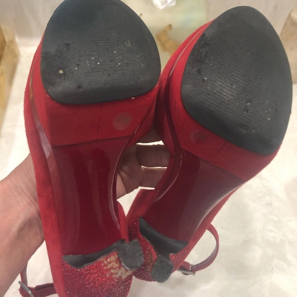 Red suede shoes with rhinestone heels, Sz 7 - Picture 13 of 15